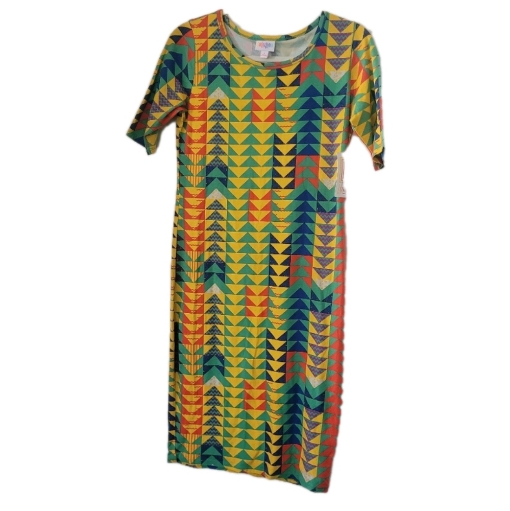 Lularoe Julia Dress Geometric Aztec Dress Size S Yellow Green Red Triangles 90s
